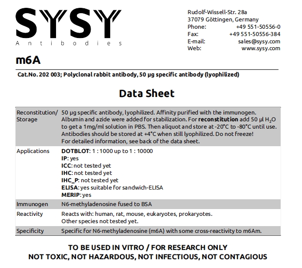 m6A antibody - 202 003 (品牌SYSY)